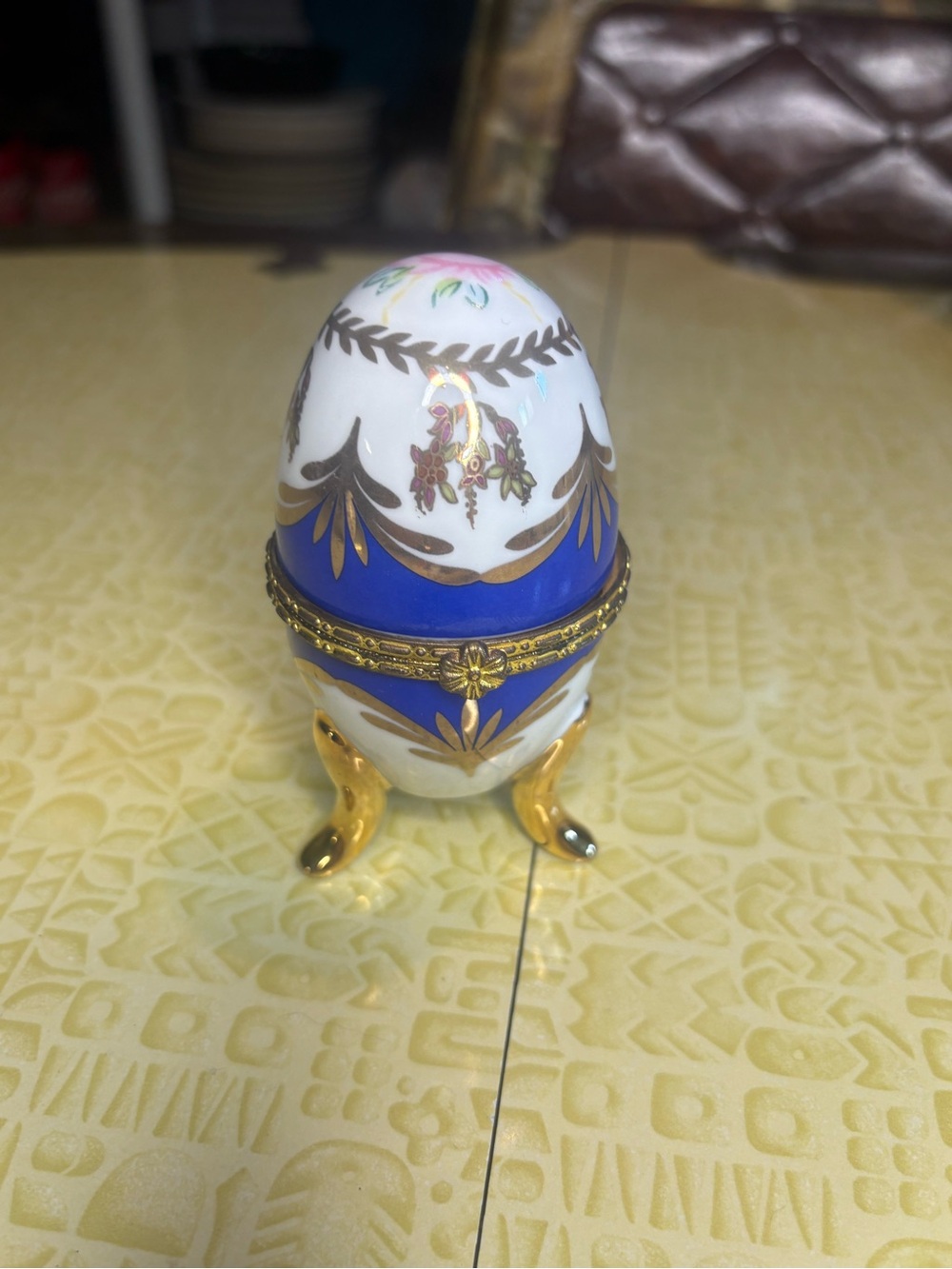 Vintage Porcelain Egg Trinket Box with Gold Accents - Blue and White